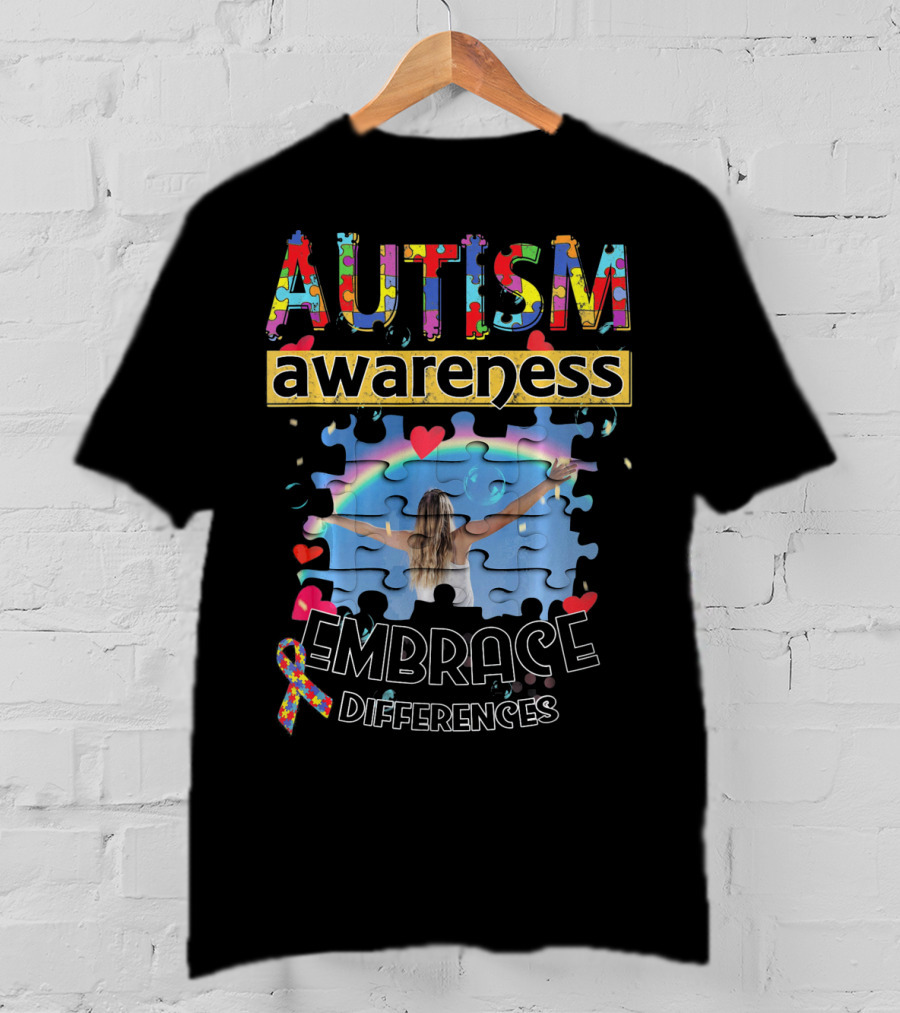 Autism Awareness Embrace Differences Puzzle Piece Rainbow T-Shirt
