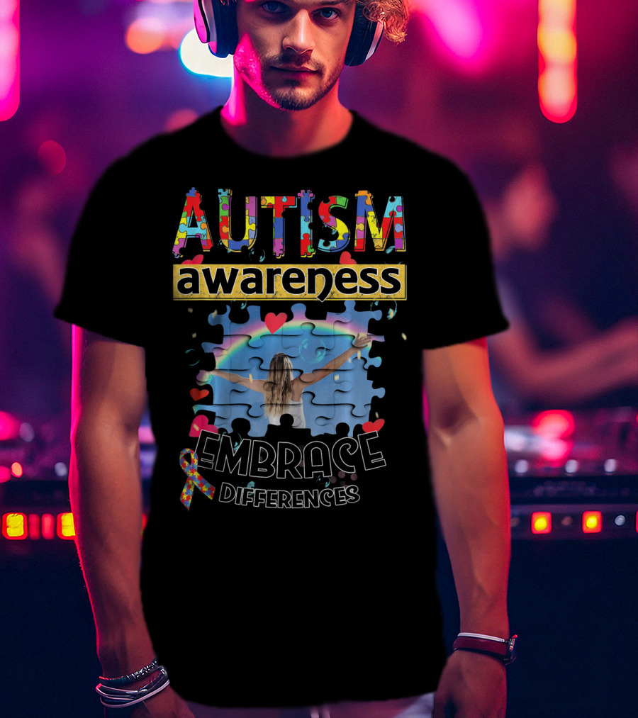 Autism Awareness Embrace Differences Puzzle Piece Rainbow T-Shirt