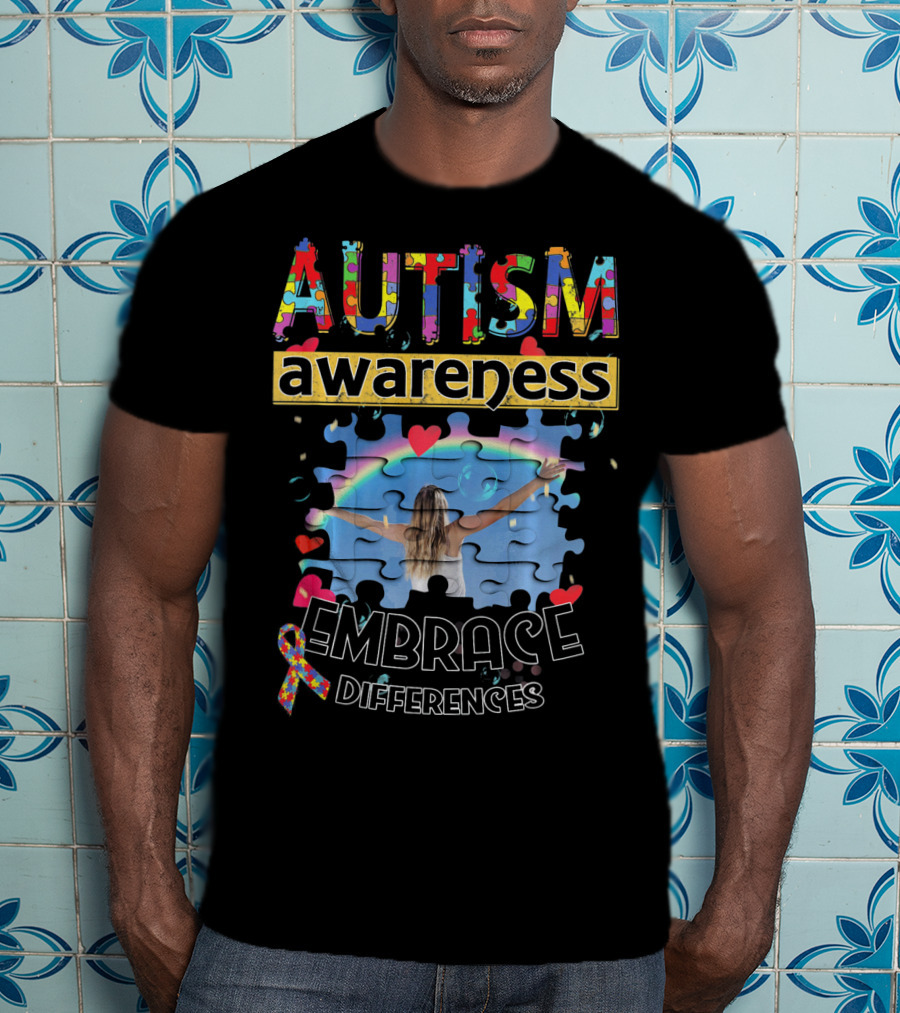 Autism Awareness Embrace Differences Puzzle Piece Rainbow T-Shirt