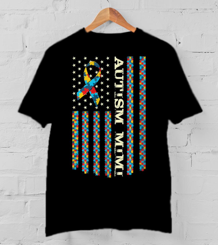 Proud Autism Mimi Vintage Autism Awareness Ribbon Puzzle Flag T-Shirt