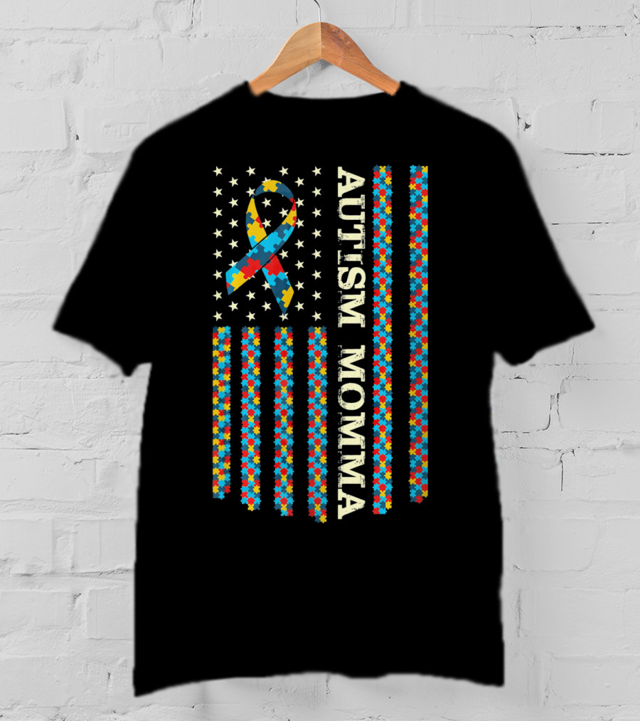 Autism Awareness Proud Autism Momma Vintage Puzzle Flag T-Shirt