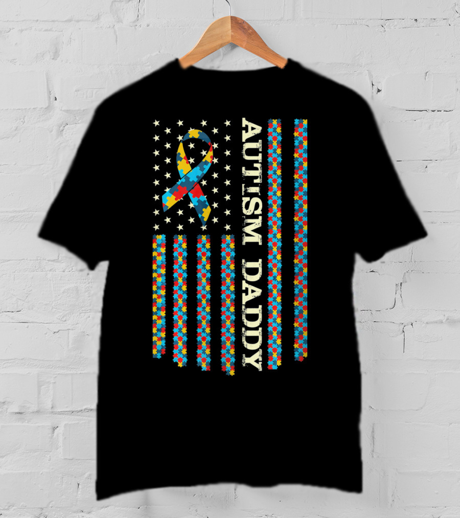 Autism Awareness Proud Autism Daddy Vintage Puzzle Ribbon Flag T-Shirt