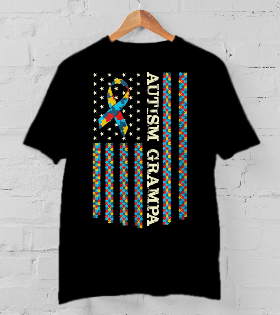 Autism Awareness Proud Autism Grampa American Flag Puzzle T-Shirt