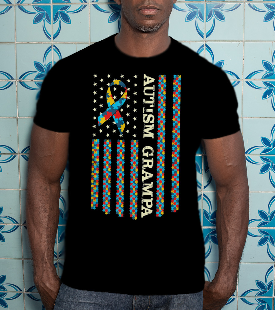 Autism Awareness Proud Autism Grampa American Flag Puzzle T-Shirt