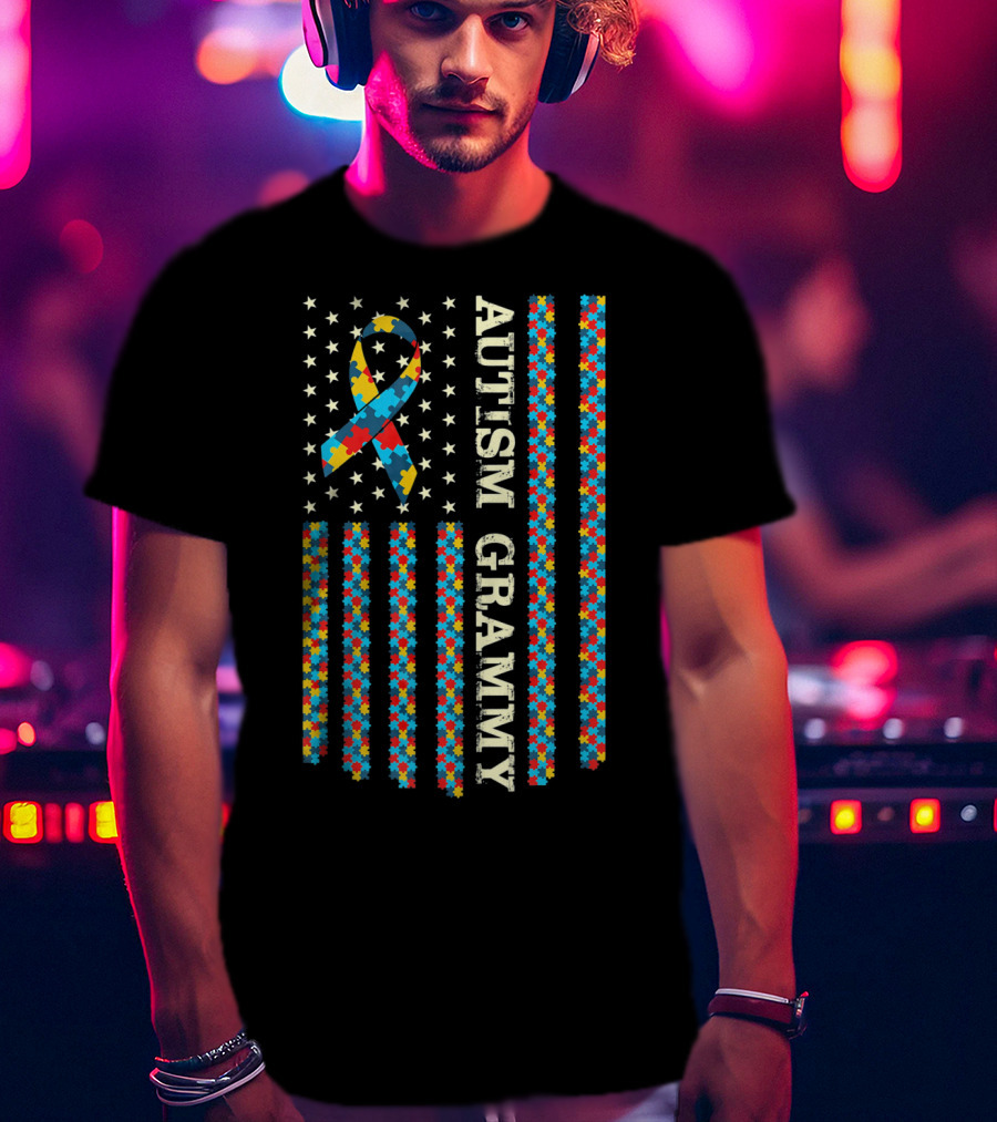 Autism Grammy Autism Awareness Ribbon Flag Puzzle T-Shirt