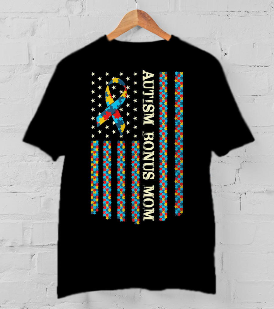 Autism Awareness Bonus Mom Puzzle Ribbon Flag T-Shirt