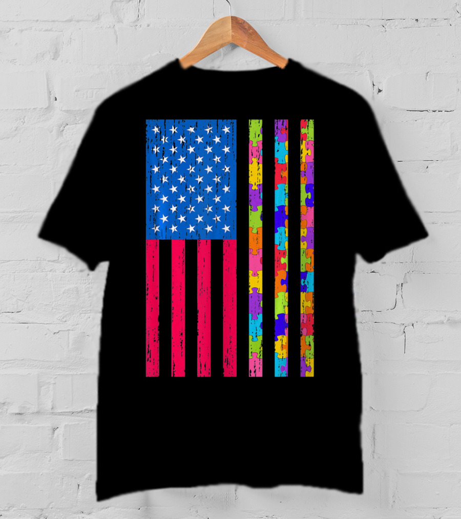 Autism Puzzle Piece American Flag USA T-Shirt