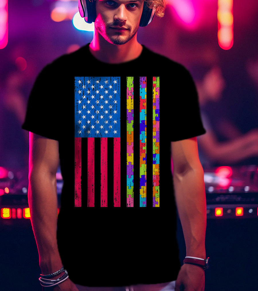 Autism Puzzle Piece American Flag USA T-Shirt