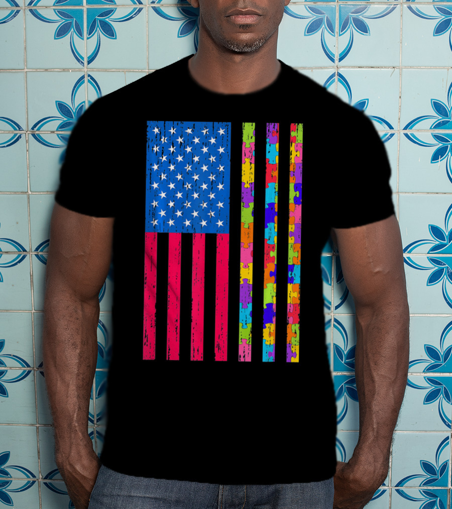 Autism Puzzle Piece American Flag USA T-Shirt
