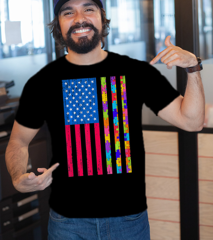 Autism Puzzle Piece American Flag USA T-Shirt