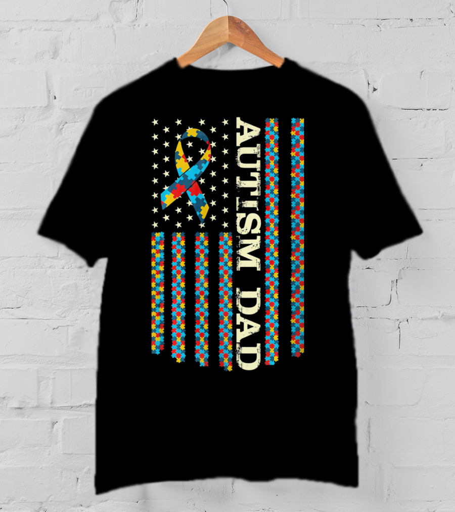 Autism Awareness Dad With Puzzle Ribbon And Flag T-Shirt