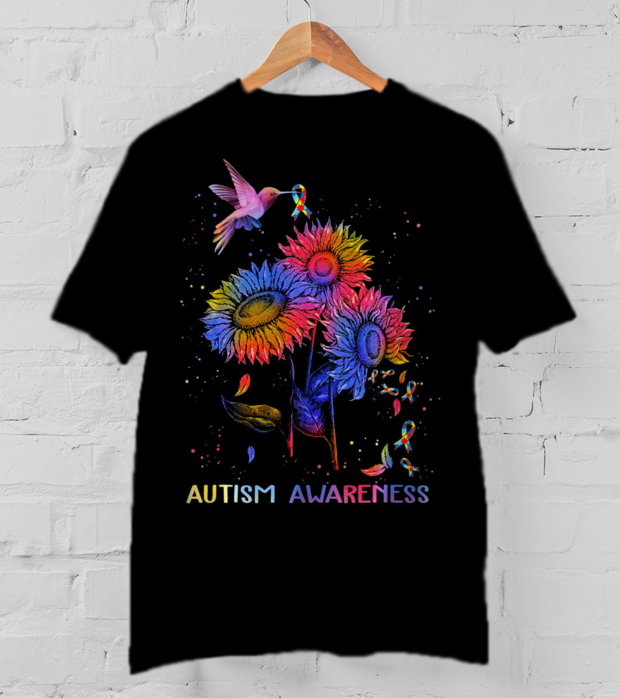 Autism Awareness Colorful Hummingbird And Sunflowers With Ribbons T-Shirt