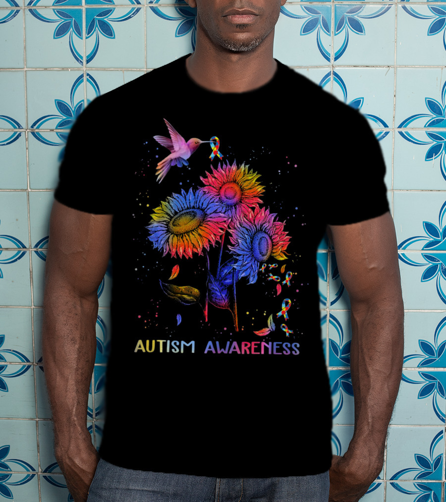 Autism Awareness Colorful Hummingbird And Sunflowers With Ribbons T-Shirt
