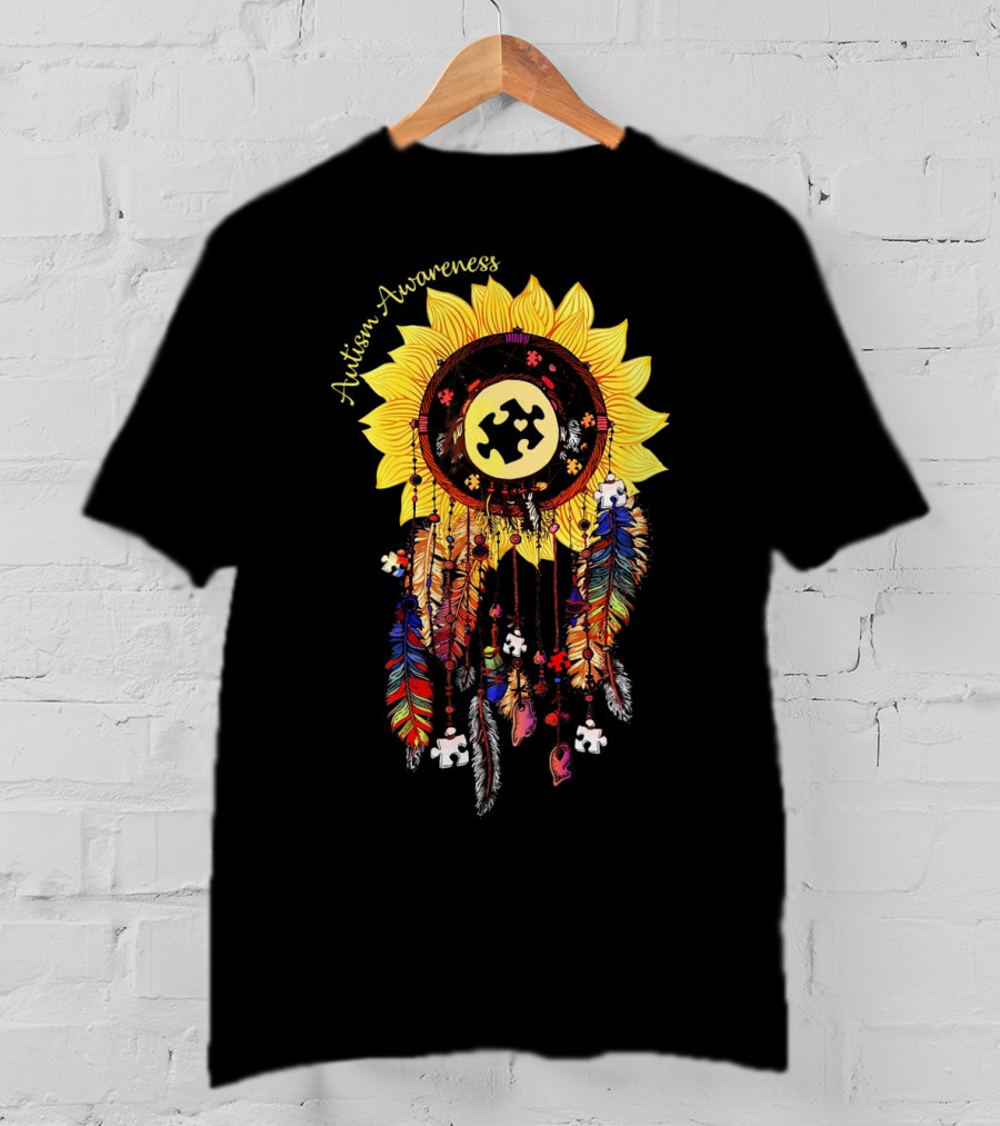 Autism Awareness Sunflower Puzzle Dreamcatcher Feathers T-Shirt