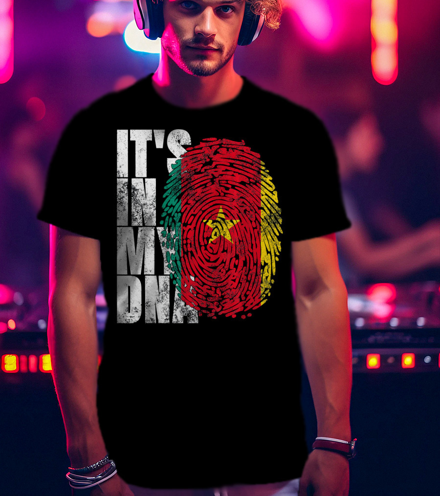 IT'S IN MY DNA Cameroonian Afro American Flag Fingerprint T-Shirt