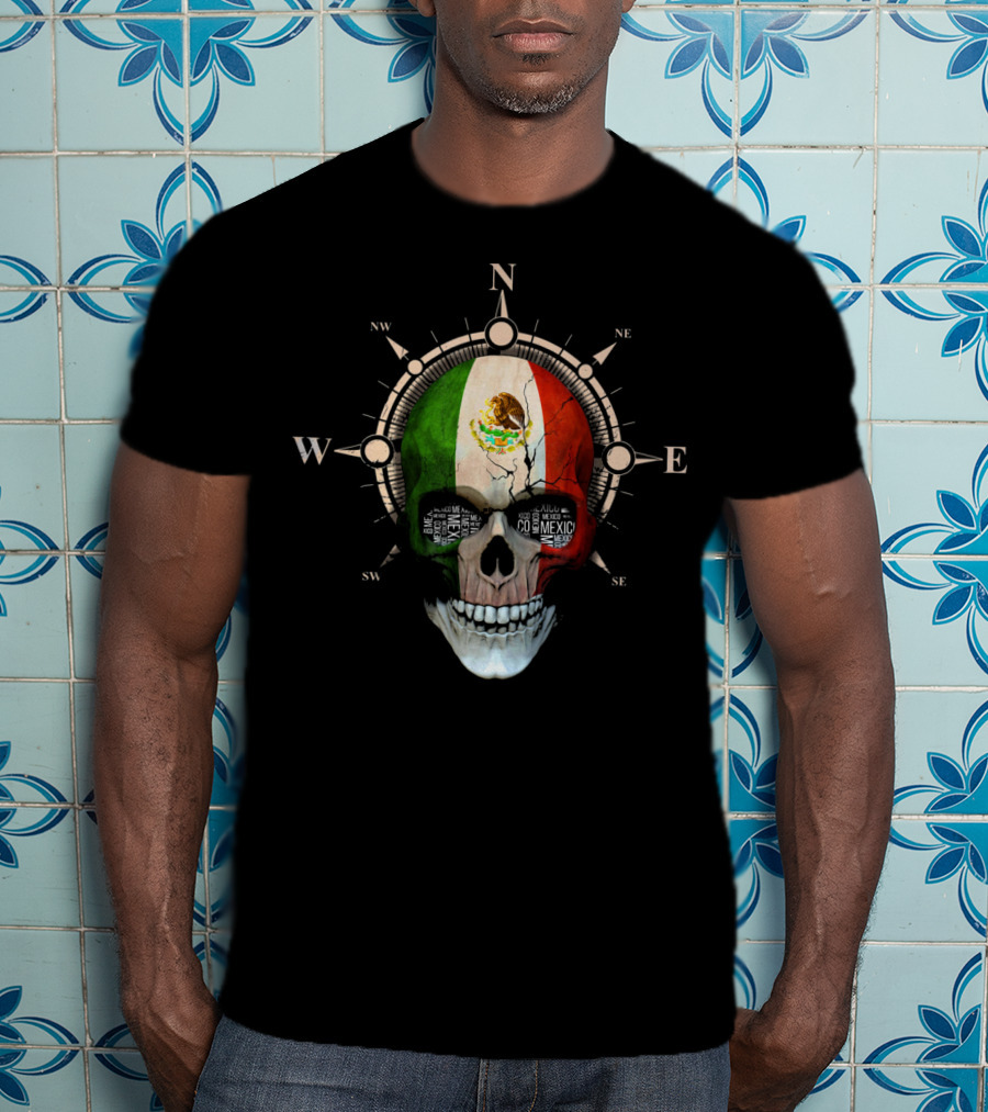 Mexico Skull Compass Flag Mexican DNA Roots T-Shirt