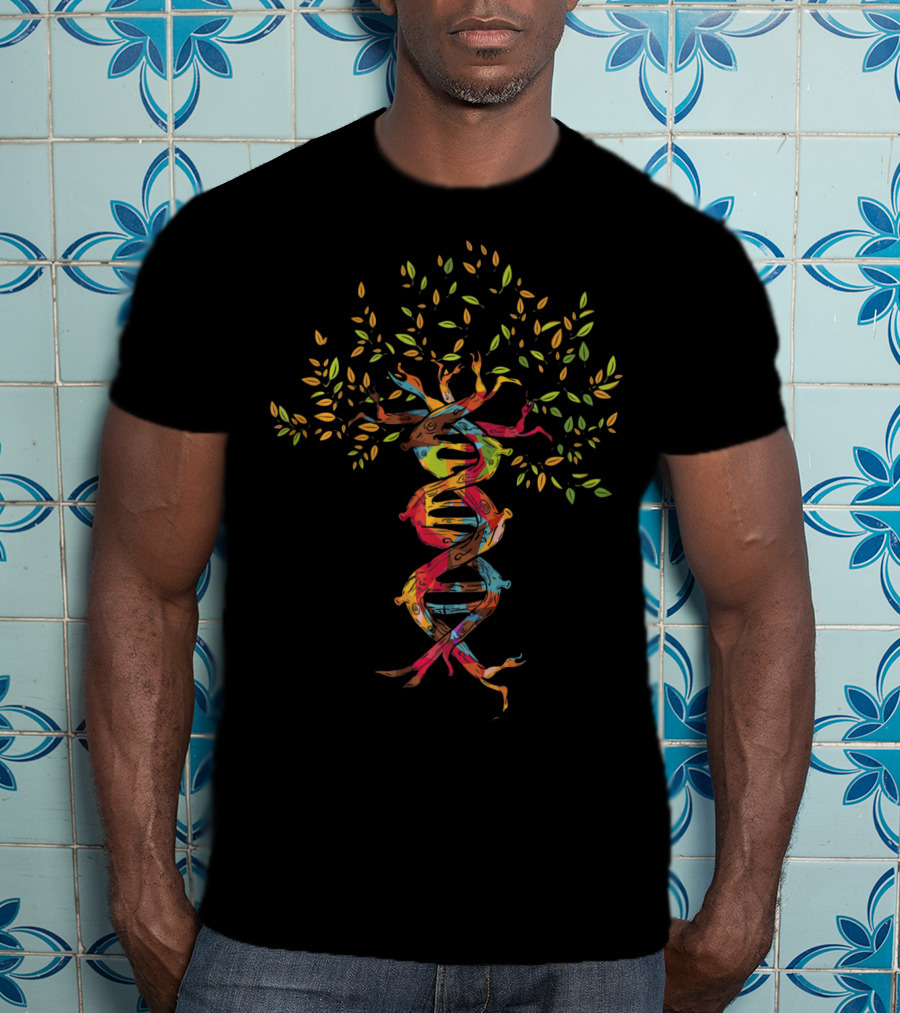 Tree Of Life DNA Genetics Spiral With Vibrant Colors And Leaves T-Shirt