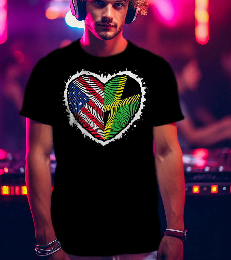 Fingerprint DNA Heart Love Jamaica USA Flag T-Shirt