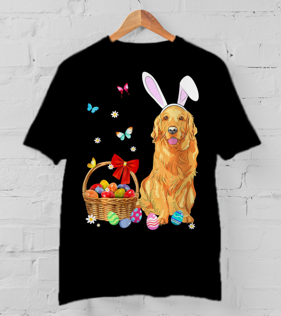Golden Retriever Bunny Ears Easter Eggs Basket Butterflies T-Shirt