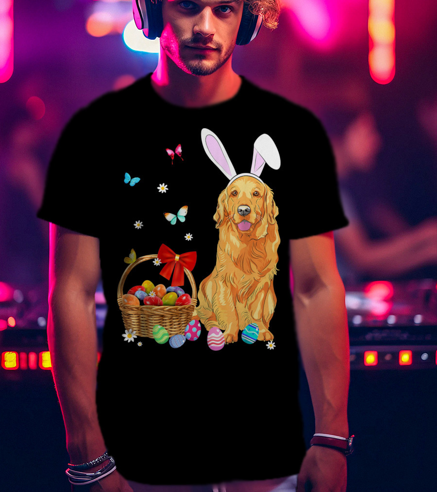 Golden Retriever Bunny Ears Easter Eggs Basket Butterflies T-Shirt
