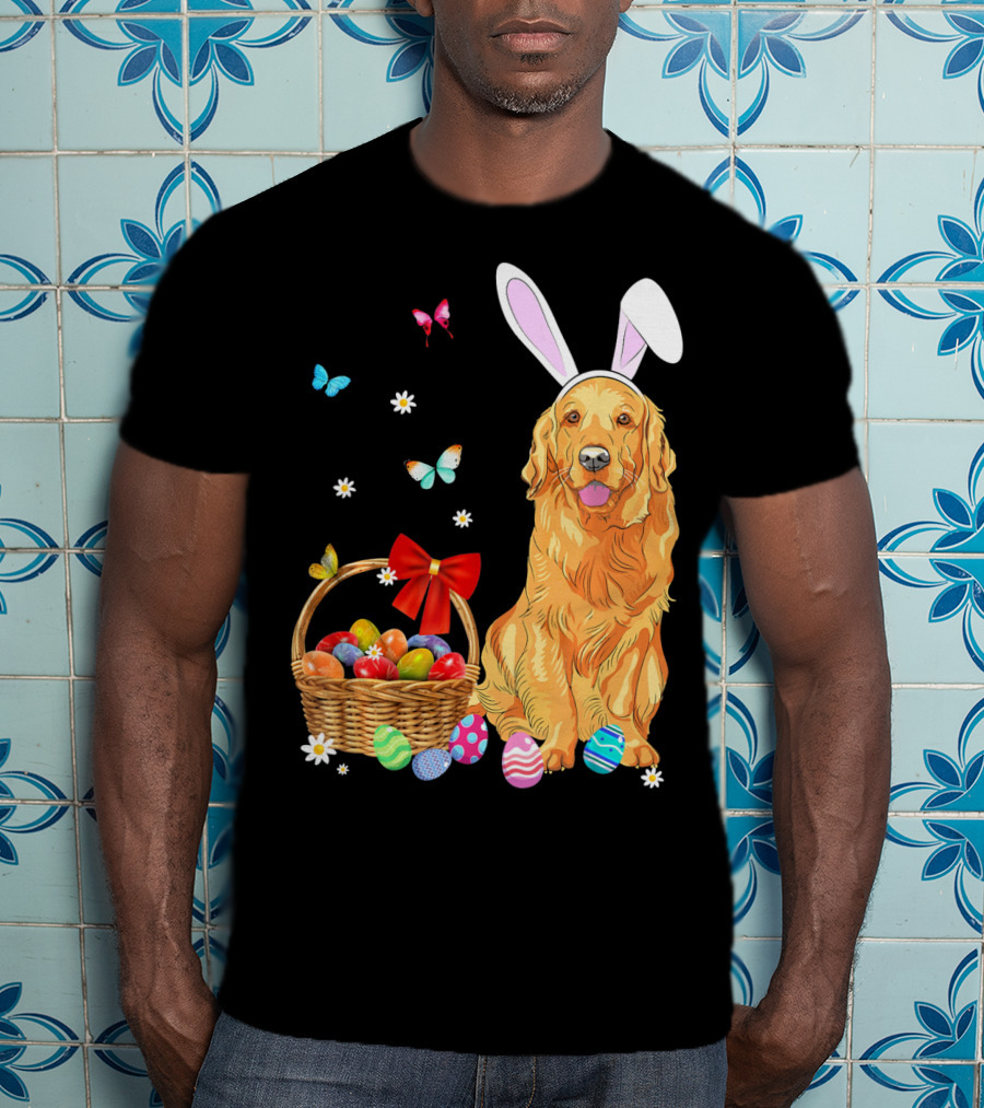Golden Retriever Bunny Ears Easter Eggs Basket Butterflies T-Shirt