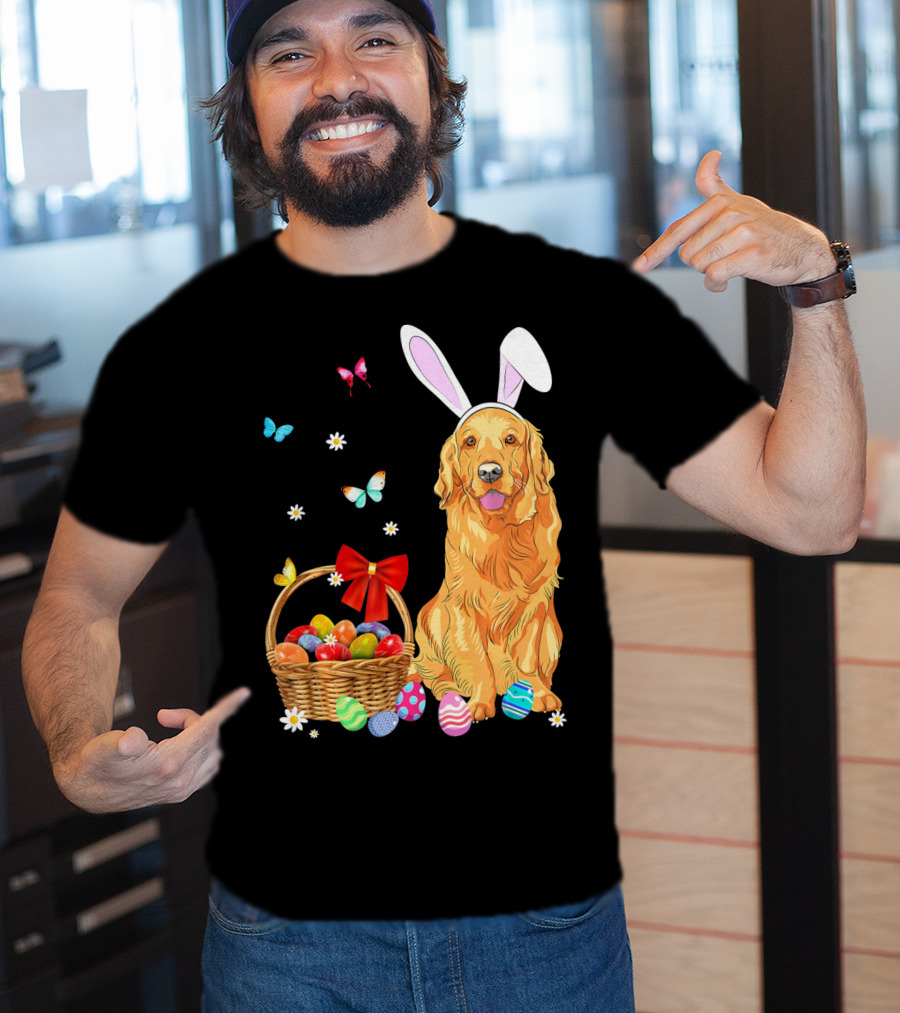 Golden Retriever Bunny Ears Easter Eggs Basket Butterflies T-Shirt
