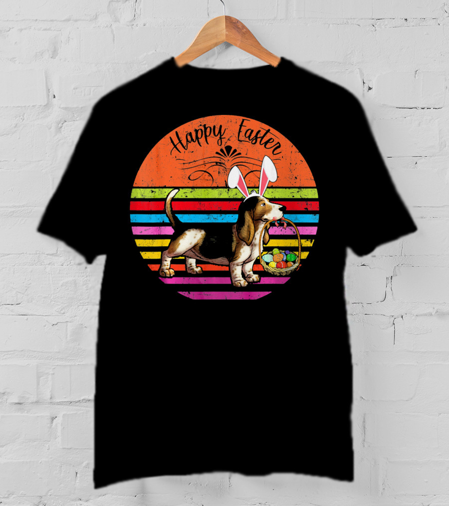 Vintage Basset Hound Dog Happy Easter Eggs T-Shirt
