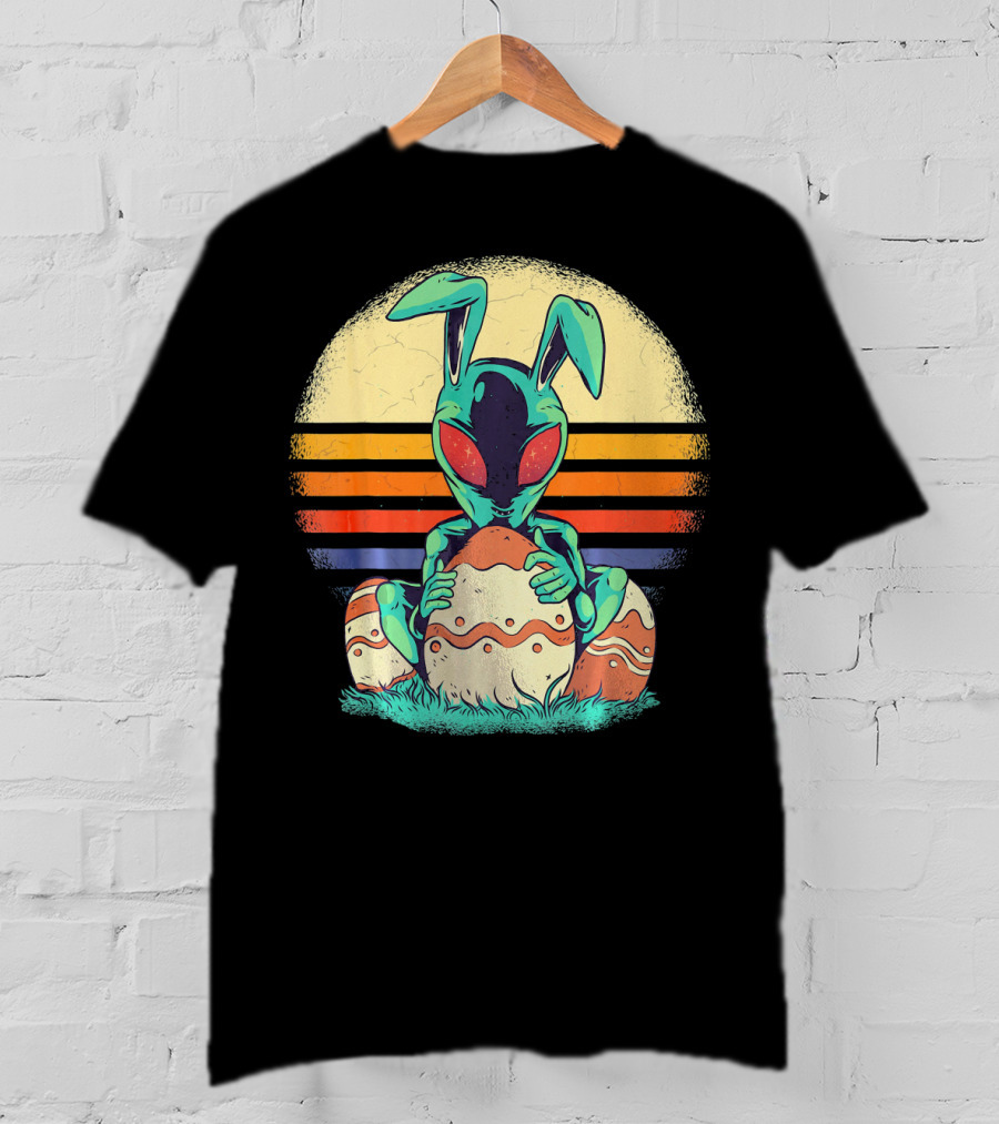 Easter Alien With Bunny Ears Holding Egg Sunset Stripes T-Shirt