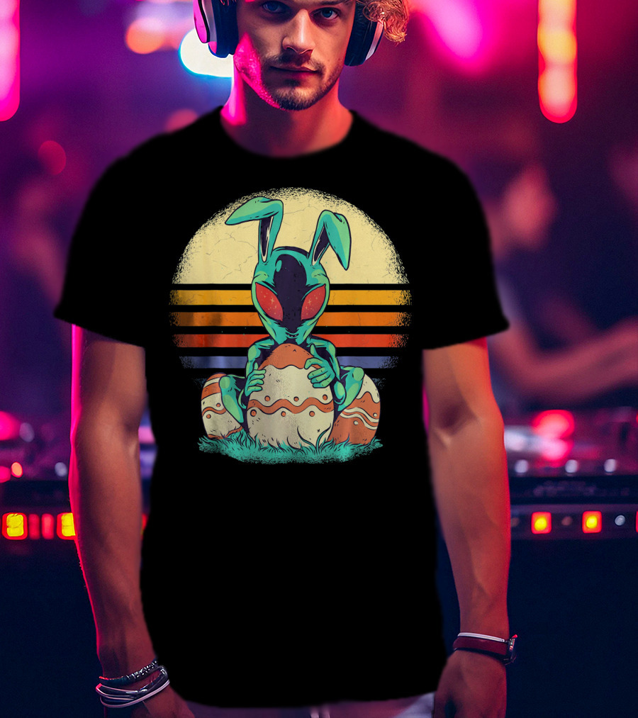 Easter Alien With Bunny Ears Holding Egg Sunset Stripes T-Shirt