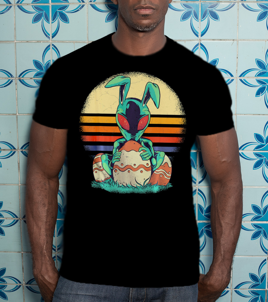 Easter Alien With Bunny Ears Holding Egg Sunset Stripes T-Shirt