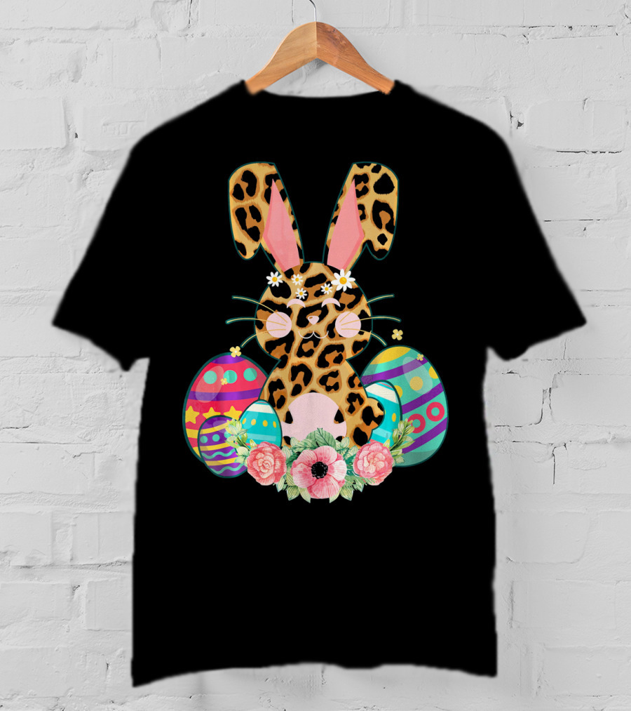 Bunny Leopard Print Floral Cute Easter Eggs T-Shirt