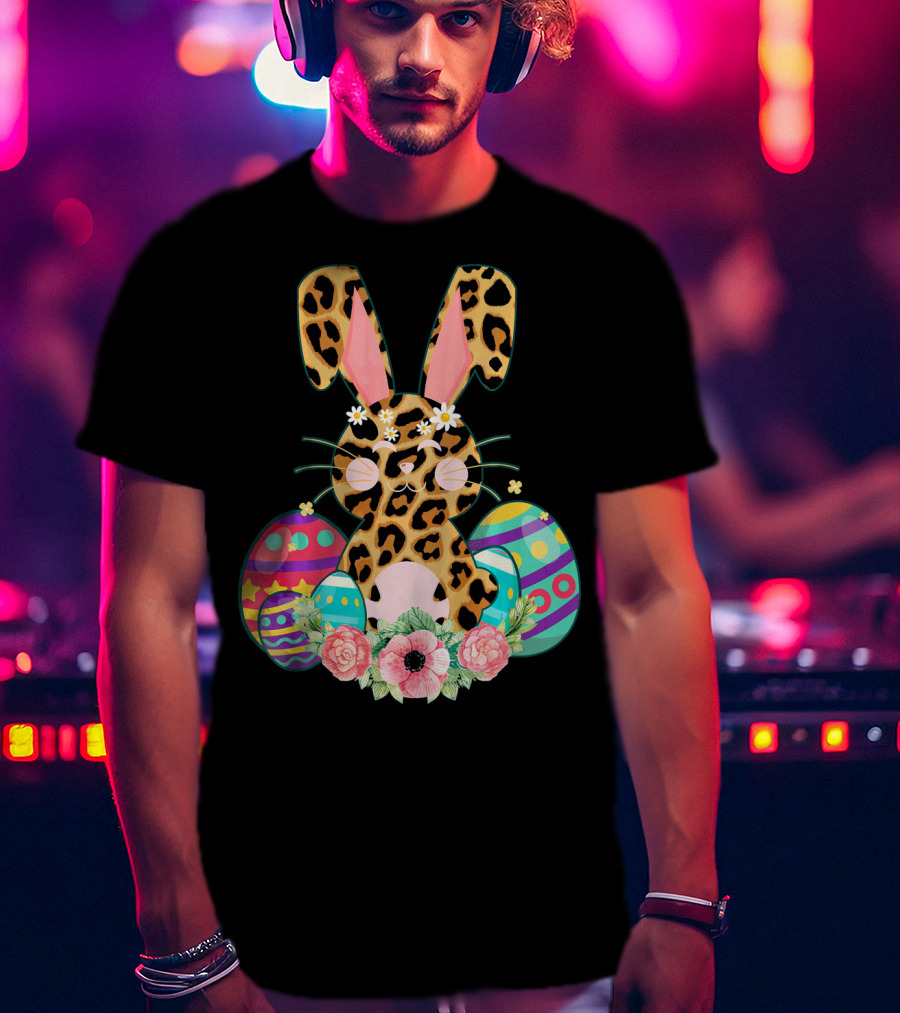 Bunny Leopard Print Floral Cute Easter Eggs T-Shirt