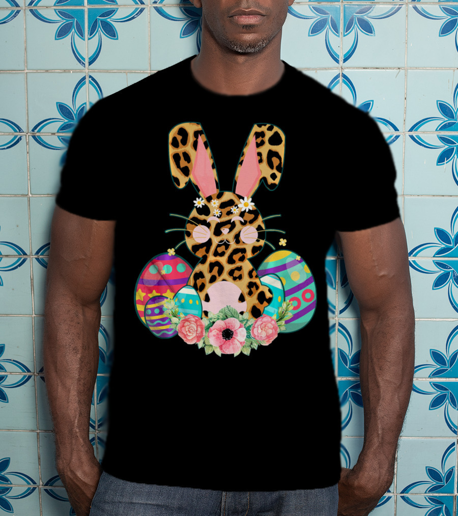 Bunny Leopard Print Floral Cute Easter Eggs T-Shirt