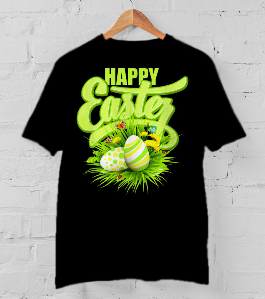 Happy Easter Eggs Green Spring Flowers Butterflies T-Shirt