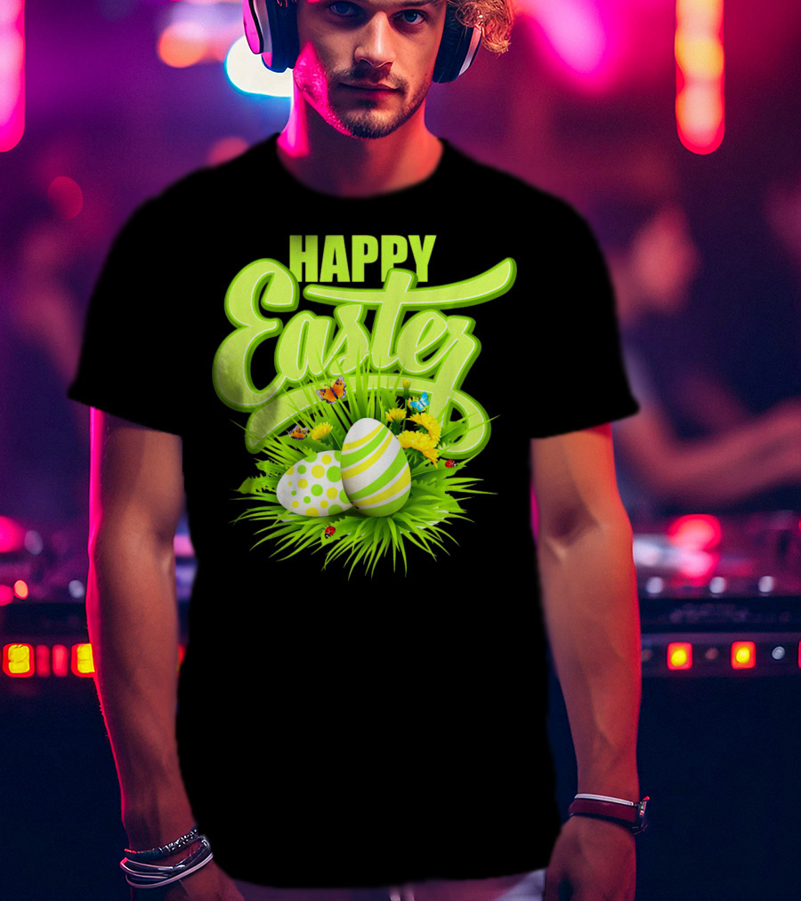 Happy Easter Eggs Green Spring Flowers Butterflies T-Shirt