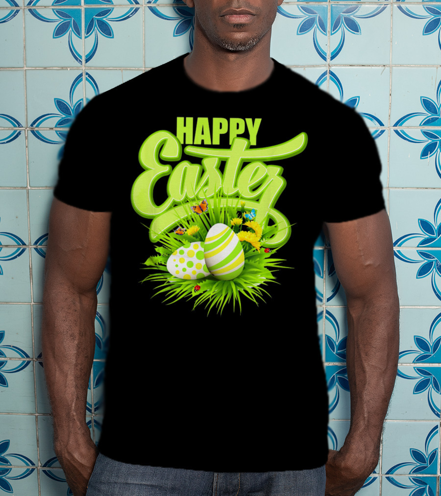 Happy Easter Eggs Green Spring Flowers Butterflies T-Shirt
