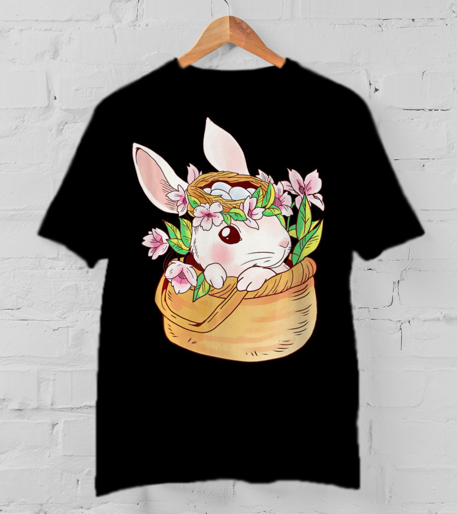 Cute Easter Bunny Girl Floral Basket T-Shirt