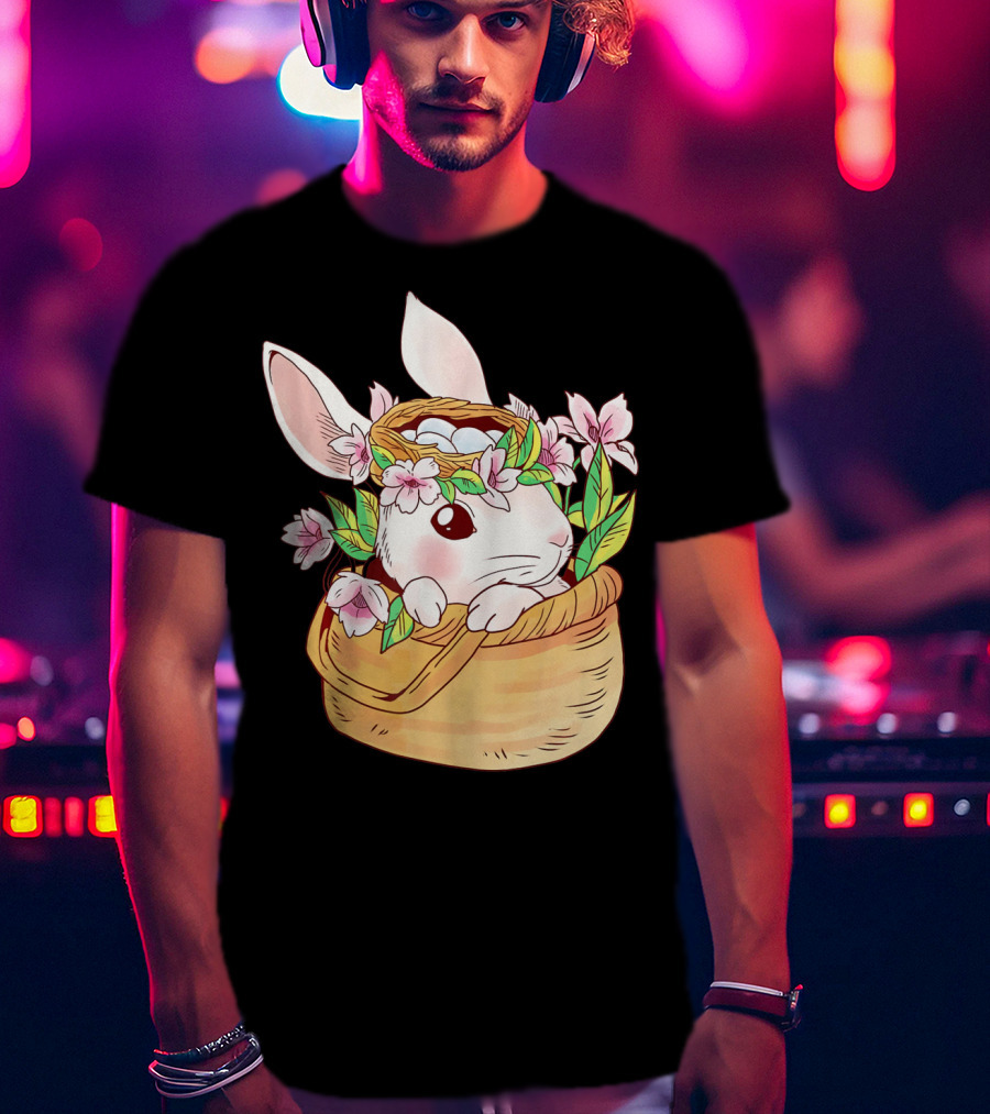 Cute Easter Bunny Girl Floral Basket T-Shirt