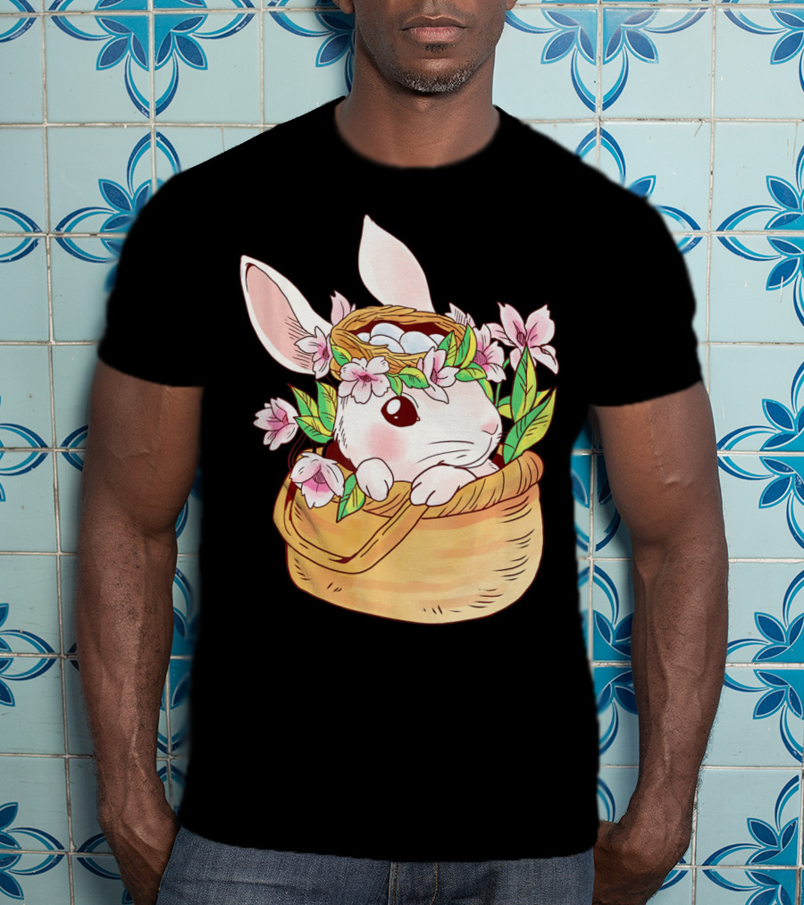 Cute Easter Bunny Girl Floral Basket T-Shirt