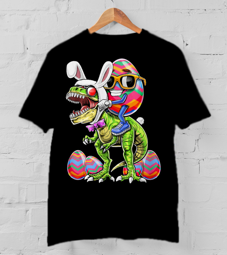 Easter Bunny Dinosaur With Egg Rabbit Ears And Sunglasses T-Shirt