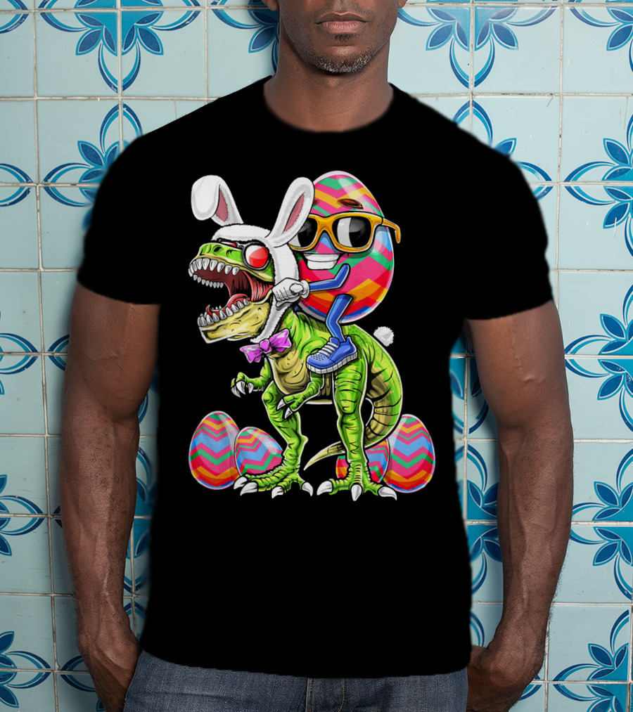 Easter Bunny Dinosaur With Egg Rabbit Ears And Sunglasses T-Shirt