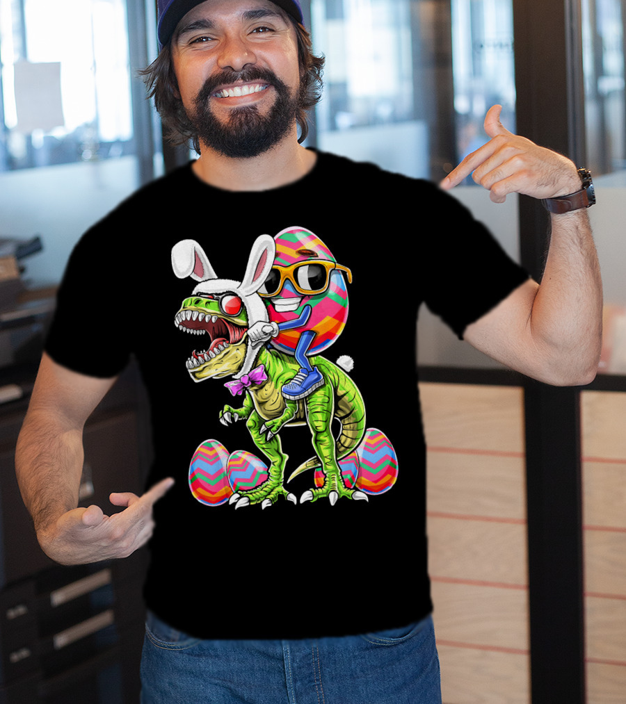 Easter Bunny Dinosaur With Egg Rabbit Ears And Sunglasses T-Shirt