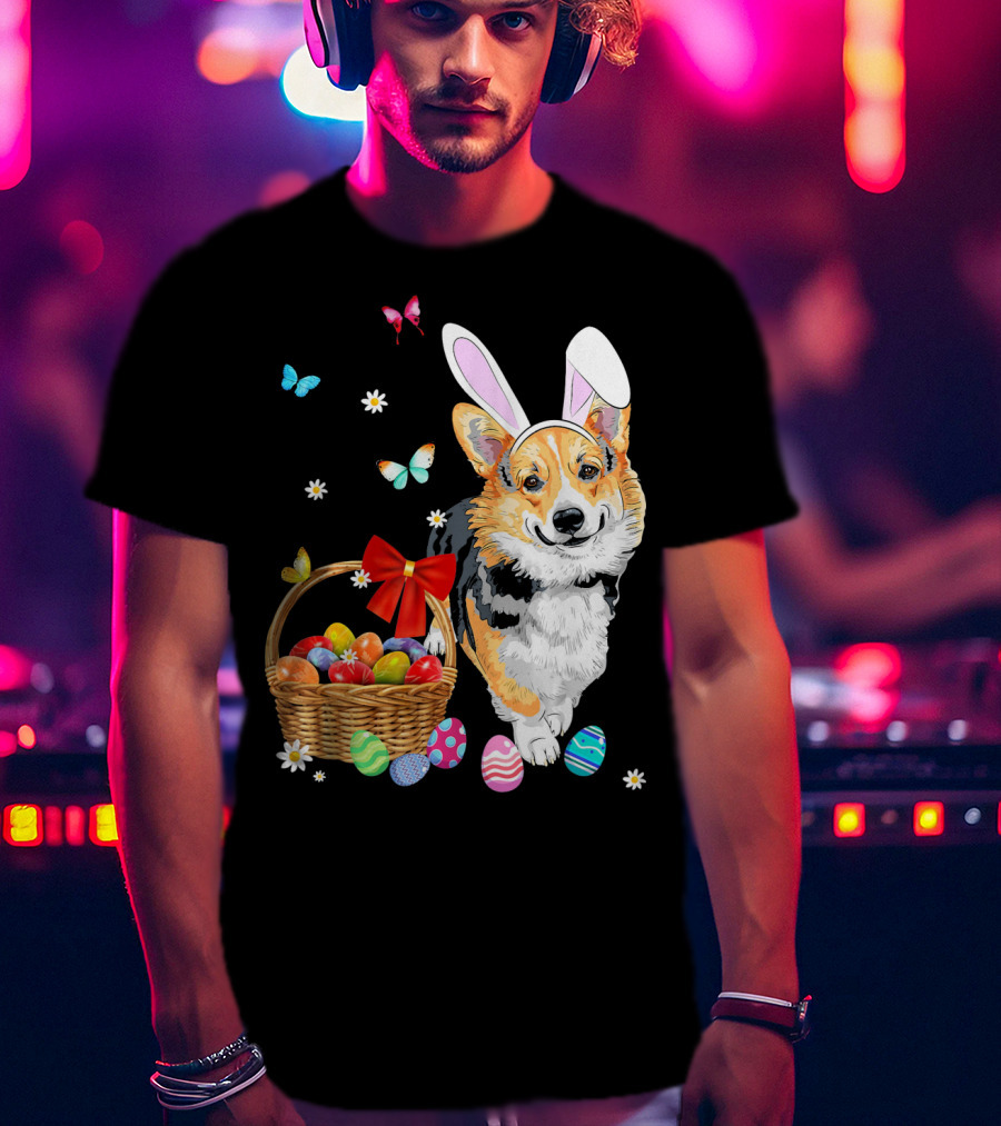 Welsh Corgi Bunny Ear Rabbit Easter Eggs Basket Butterflies T-Shirt