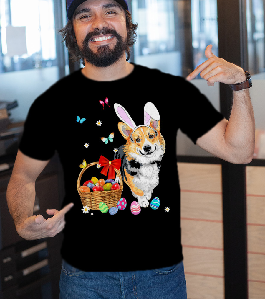 Welsh Corgi Bunny Ear Rabbit Easter Eggs Basket Butterflies T-Shirt