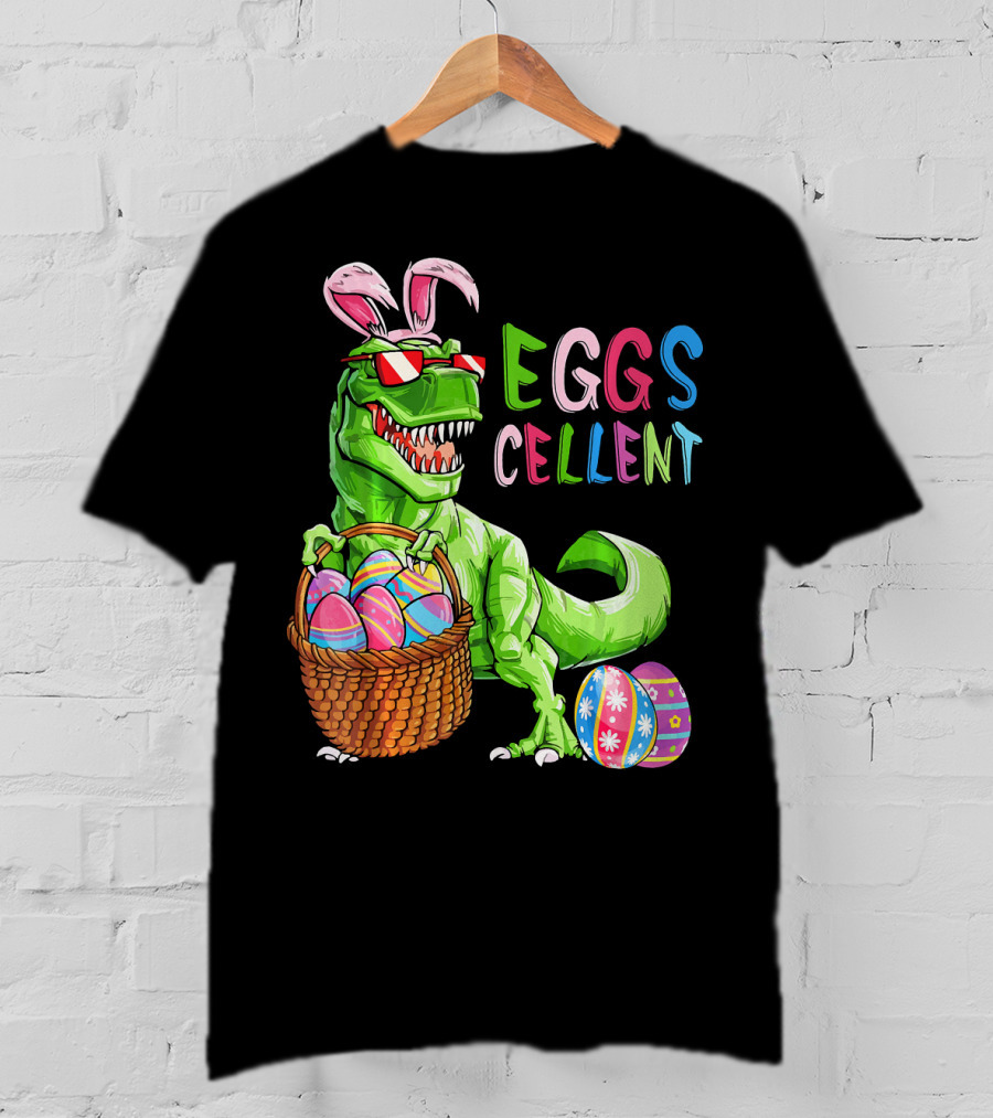 EGGS-cellent Green Dinosaur With Bunny Ears And Easter Eggs T-Shirt
