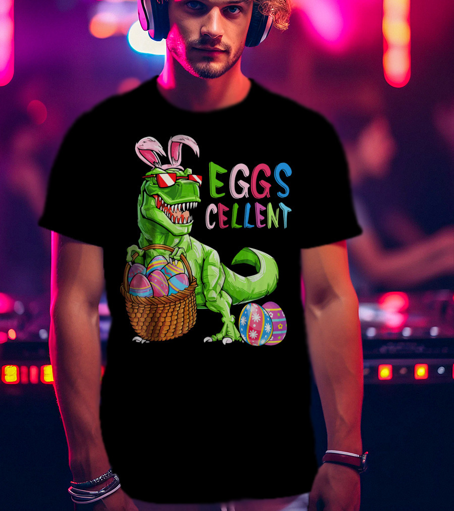 EGGS-cellent Green Dinosaur With Bunny Ears And Easter Eggs T-Shirt
