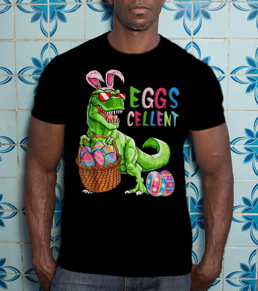 EGGS-cellent Green Dinosaur With Bunny Ears And Easter Eggs T-Shirt
