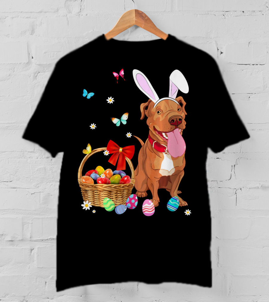 Pitbull With Bunny Ears And Easter Eggs Basket With Butterflies And Flowers T-Shirt