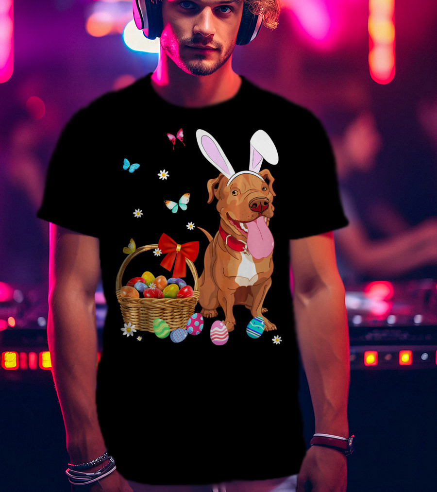 Pitbull With Bunny Ears And Easter Eggs Basket With Butterflies And Flowers T-Shirt