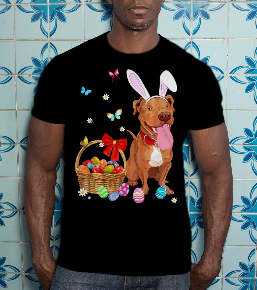 Pitbull With Bunny Ears And Easter Eggs Basket With Butterflies And Flowers T-Shirt